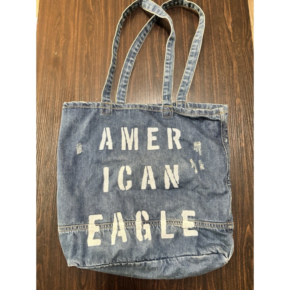 Vintage American Eagle Denim Tote Bag Distressed Spell Out Logo Y2K 90s Jean